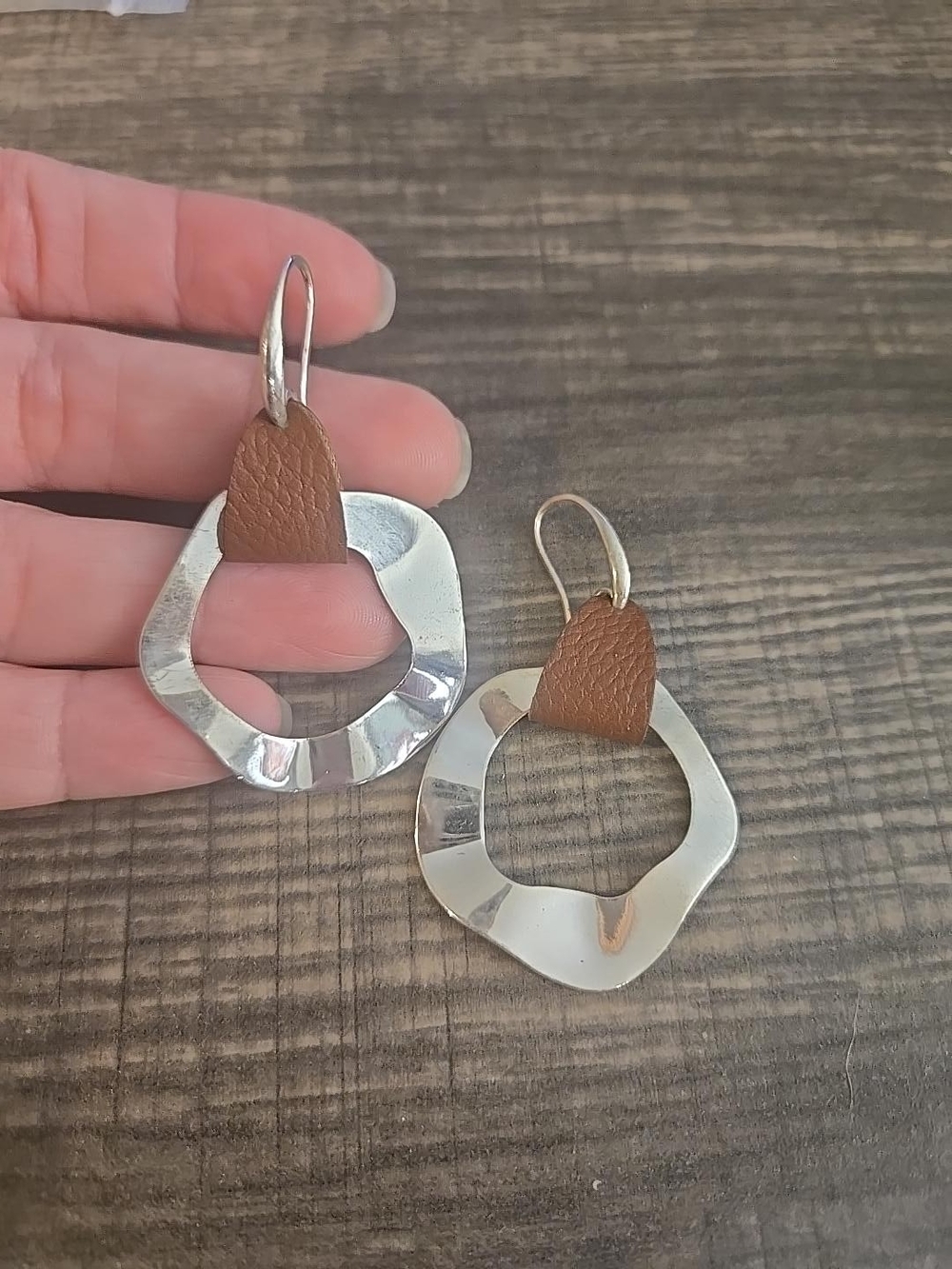 Handcrafted Silver-Tone Hoop Earrings with Brown Leather Accent